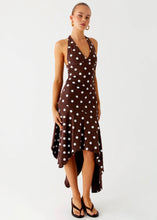 Load image into Gallery viewer, FOR SALE: Pepper Mayo Keylani Halter Midi Dress - Chocolate Polka