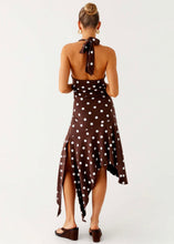 Load image into Gallery viewer, FOR SALE: Pepper Mayo Keylani Halter Midi Dress - Chocolate Polka