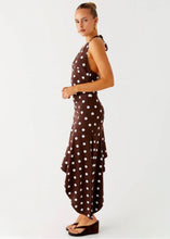 Load image into Gallery viewer, FOR SALE: Pepper Mayo Keylani Halter Midi Dress - Chocolate Polka