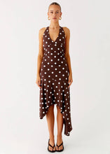 Load image into Gallery viewer, FOR SALE: Pepper Mayo Keylani Halter Midi Dress - Chocolate Polka
